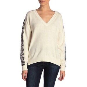 14th & Union women's Lace Trim V-Neck Sweater long sleeve In Ivory Size XL